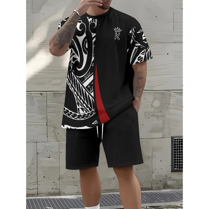 

2025 Men's Summer Latest Graffiti Pattern 3D Printed Breathable Polyester Short Sleeved Shorts T-shirt Set for Casual Sports