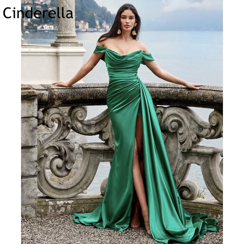 

Green Prom Dresses Off The Shoulder A-Line Side Slit Satin Prom Dresses Lace Up Back Event Dress vestidos de fiesta de noche