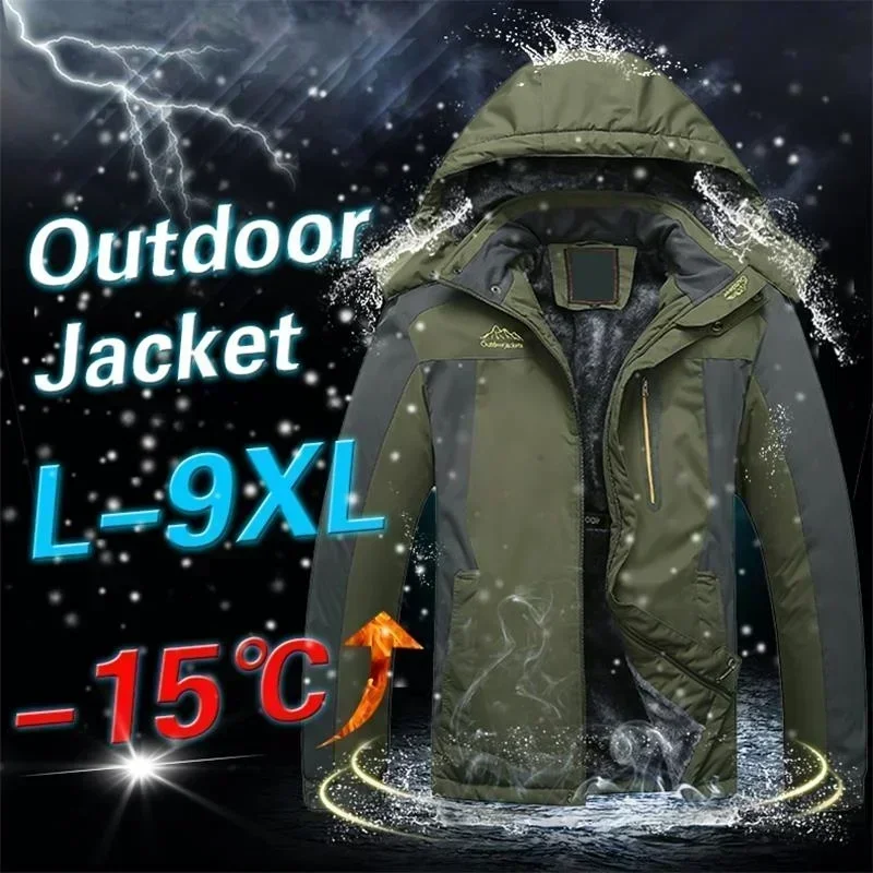 Jaqueta impermeável de lã grossa masculina, corta-vento, Parka verde do exército, capa de chuva, casacos plus size, jaquetas de inverno, 9XL