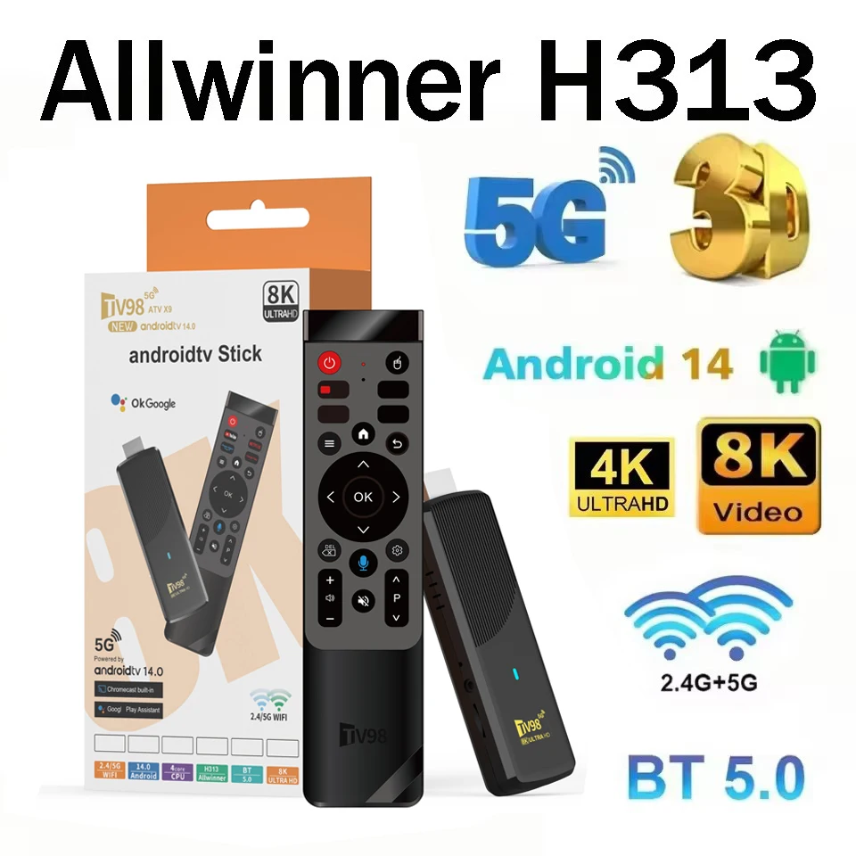 TV98 ATV X9 Android 14 TV Stick Allwinner H313 4G 5G Dual WiFi يدعم OTA HD 4K 8K BT5.0 2GB 16GB صوت عن بعد ذكي iptv