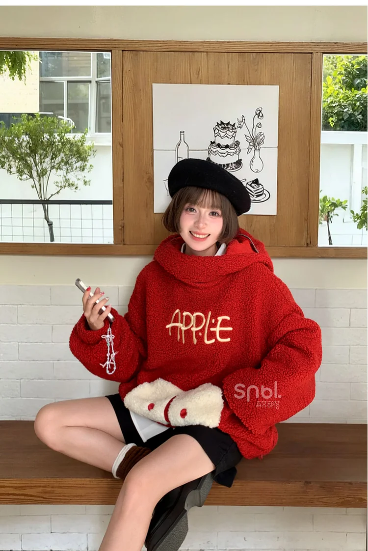 Christmas Kawaii Fun Apple Red Hoodies Tops Sweet Cute Embroidered Loose Casual Thick Fleeced Warm Sweatshirts for Women Winter - Image 3