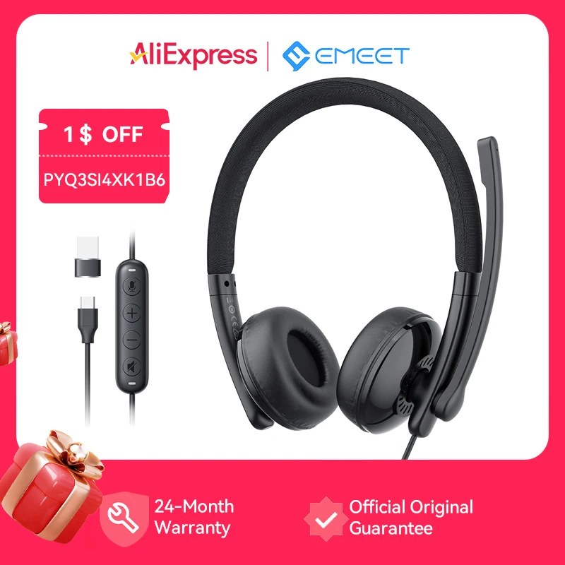 EMEET Wired Headset with Microphone Call Center USB Headphones ENC Noise Cancelling Office Cable Earphones for Phone/PC Computer