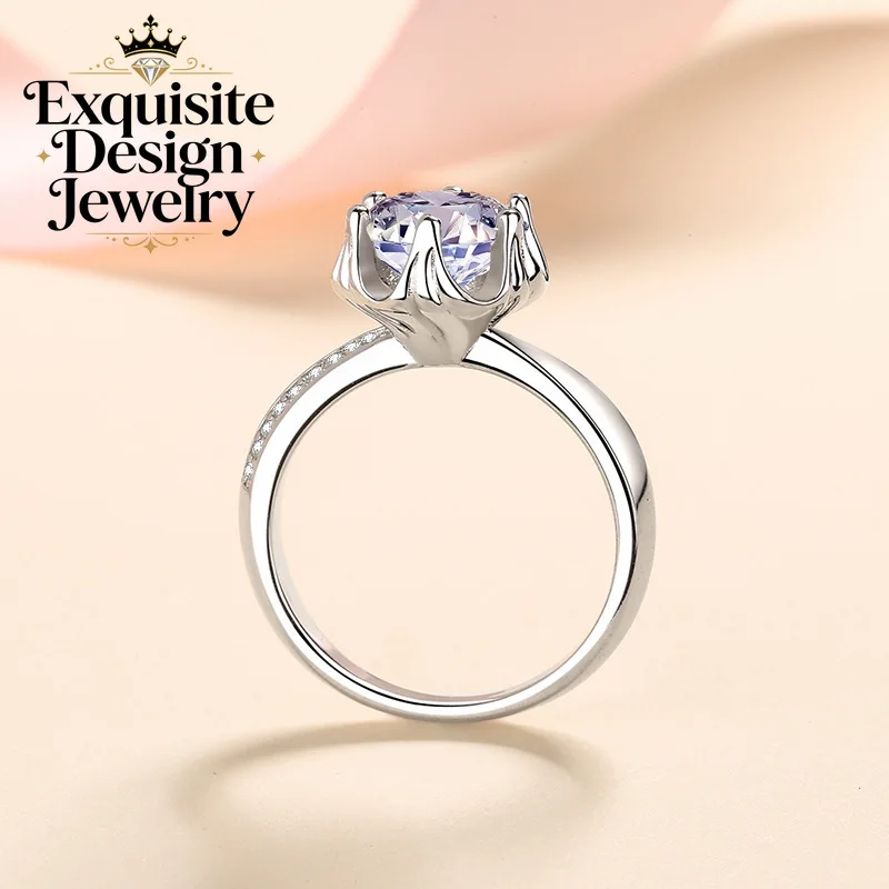 Exquisite Platinum PT950 Women's 12 Carats of Moissanite Wedding Ring with Subtle Plum Blossom Setting Party Charm Jewelry