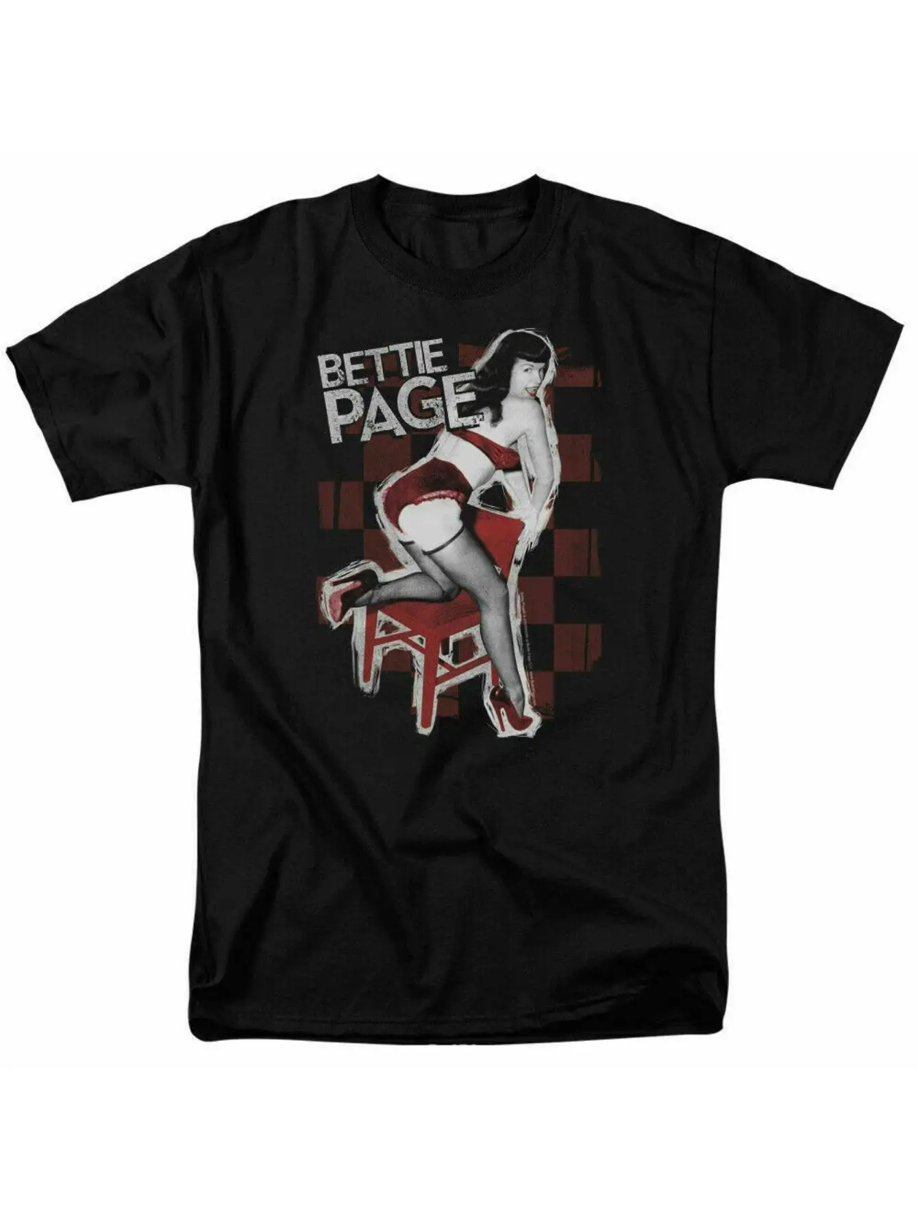 تي شيرت رجالي عتيق من خمسينيات القرن العشرين من Betty Page Pin-Up - تي شيرت قطني مميز باللونين الأبيض والأحمر فضفاض مناسب برقبة دائرية وأكمام قصيرة يسمح بالتهوية