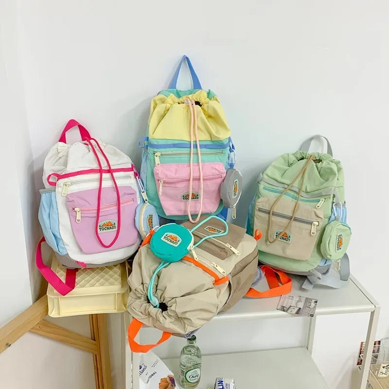 

Школьная сумка для школьников детского сада, карманный кошелек с ремешком на веревке, цветной водонепроницаемый нейлоновый рюкзак Kawaii