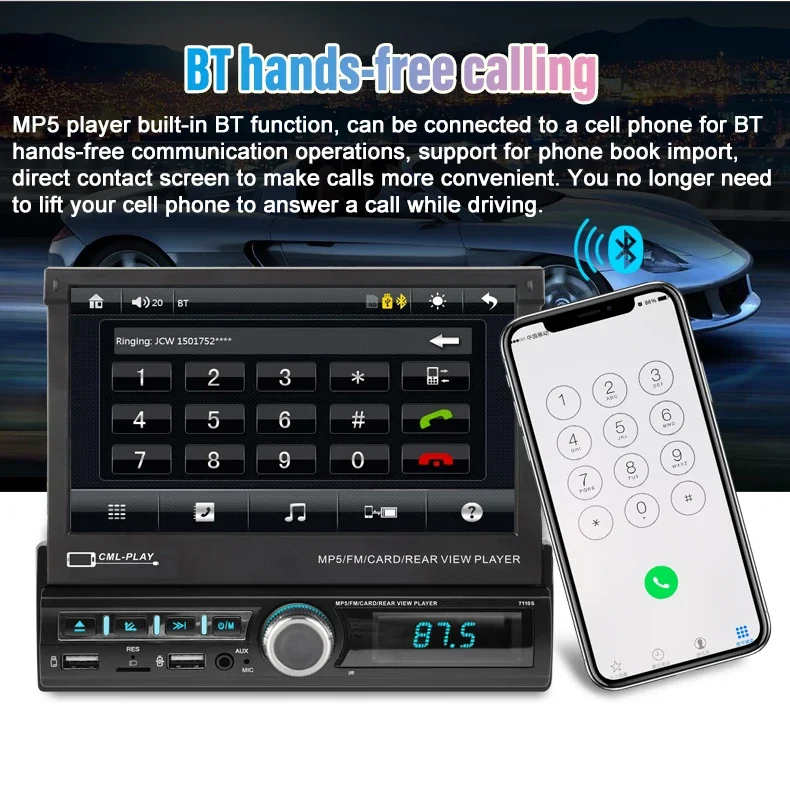 7110S 7inch retractable screen 1din car radio mp5 player carplay android auto mirror link car