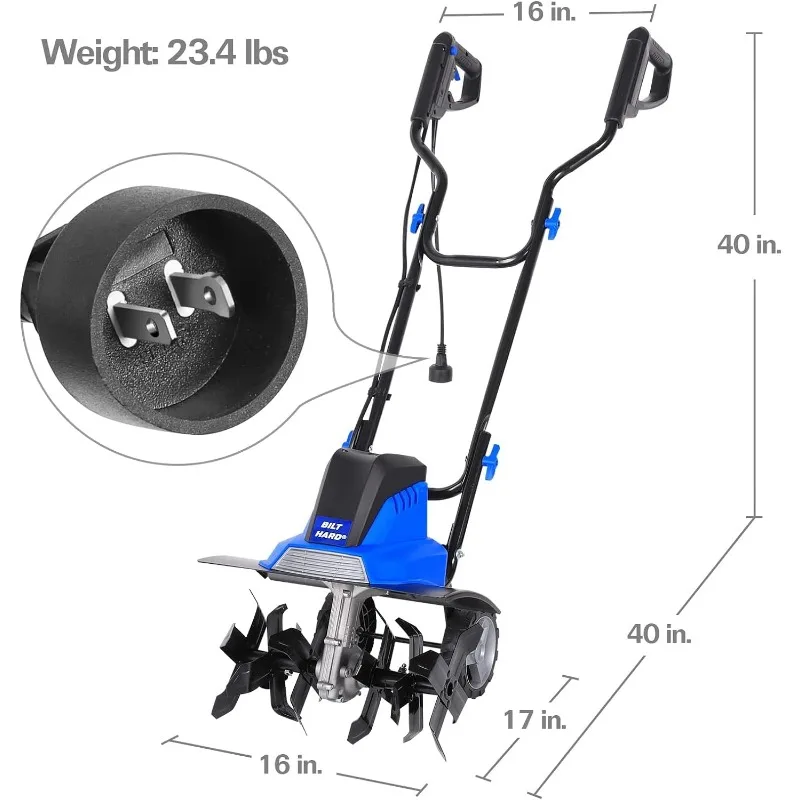 Tiller Cultivator 16 inch,13.5 mp 6 Steel Tines Tillers for Gardening Foldable,Electric Garden Rototiller with Adjustable Wheels