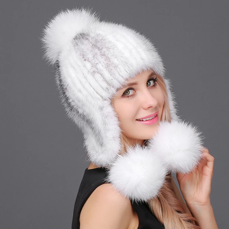 Mink Fur Woven Hat Mink Fur Women's Fox Fur Ball Winter Warm Ear Protector Hat Fur Thickened Women's Hat