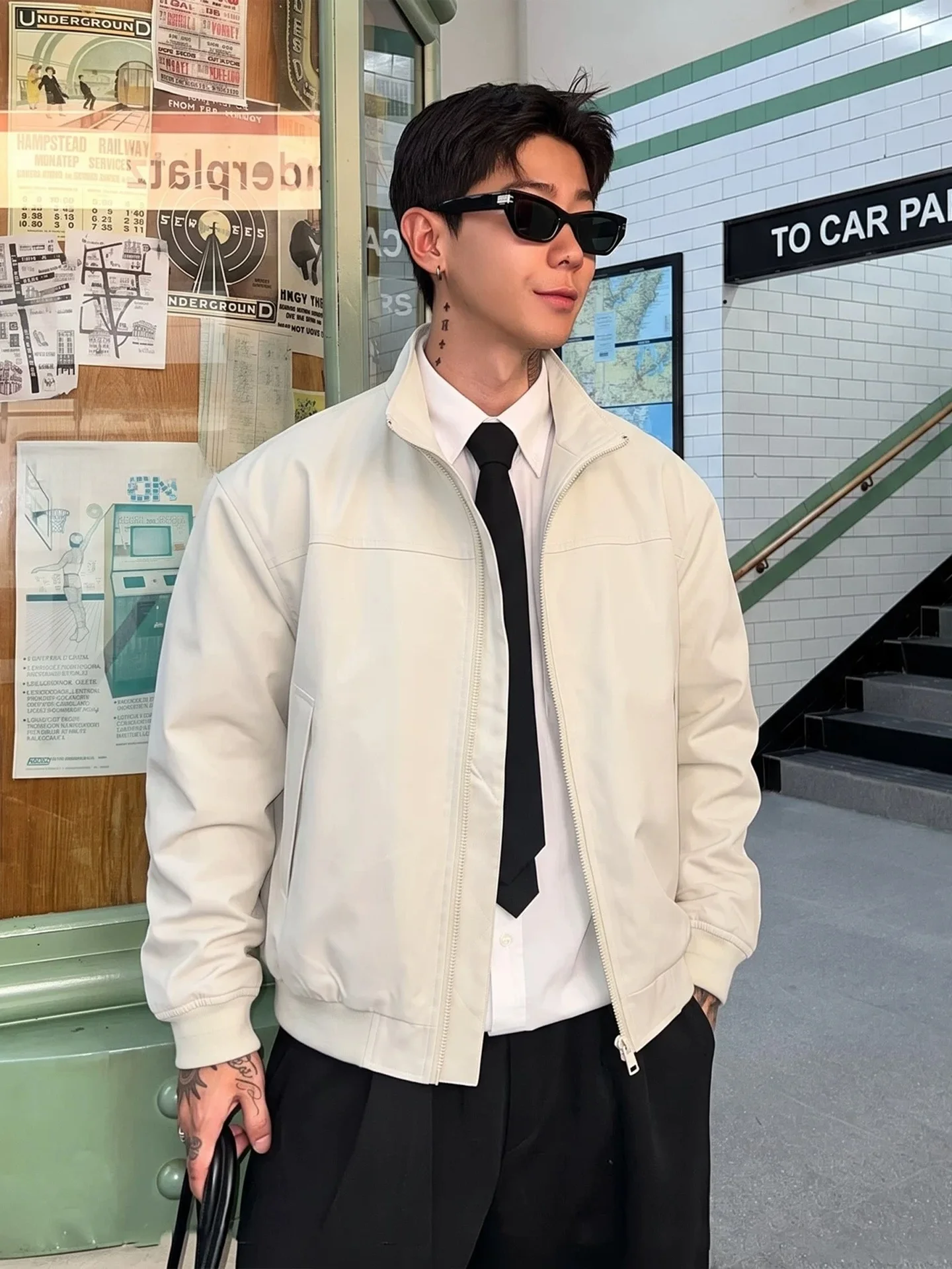 Oval White American Style Short Workwear Jacket Men's Fashion Autumn High-End Stand Collar Pilot Jacket Baseball Uniform