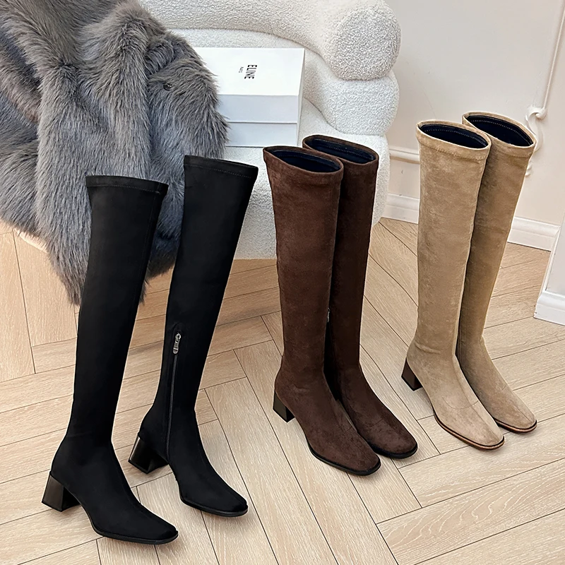 Women's Over-the-Knee Synthetic Suede Tall Boots Block Heel Square Toe and Inner Ankle Zipper Fashion Long Winter Booties 2024