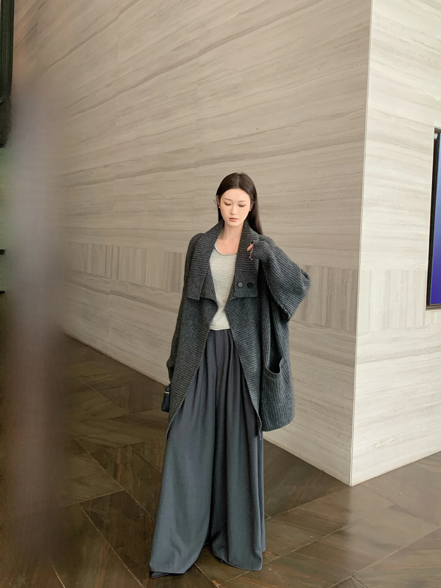 

BULENG mat Loose Knitted Open Cardigan Women's Autumn Winter Sweater Jaet Long Sve Mid-Length Button Closure