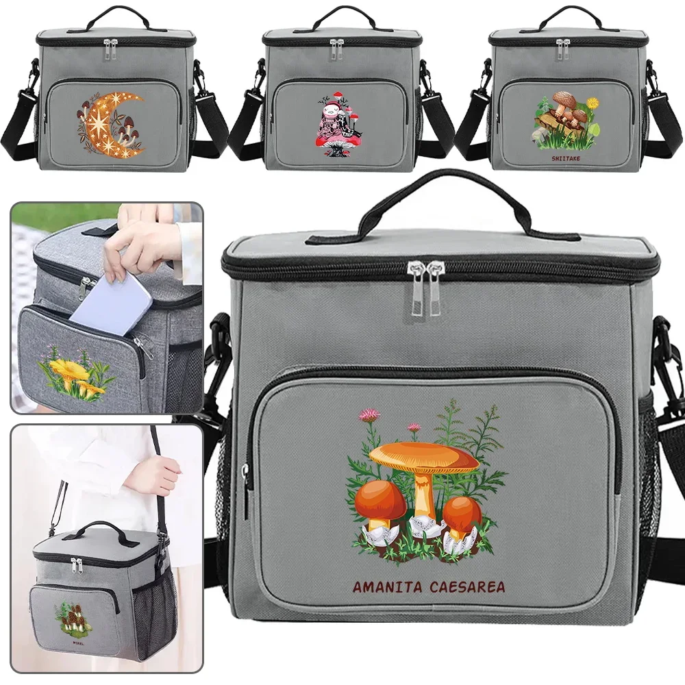 

Lunch Pouch for College Student in Grey Color Waterproof and Durable Dinner Box Printing Mushroom Series Food Storage Bag