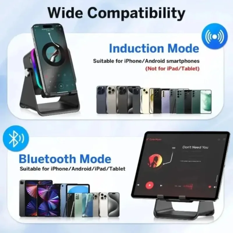 

3 in 1 Phone Stand with Wireless Charger Bluetooth Speaker RGB Light Dual Mode For iPhone Android iPad Tablet Vlog Live Stream