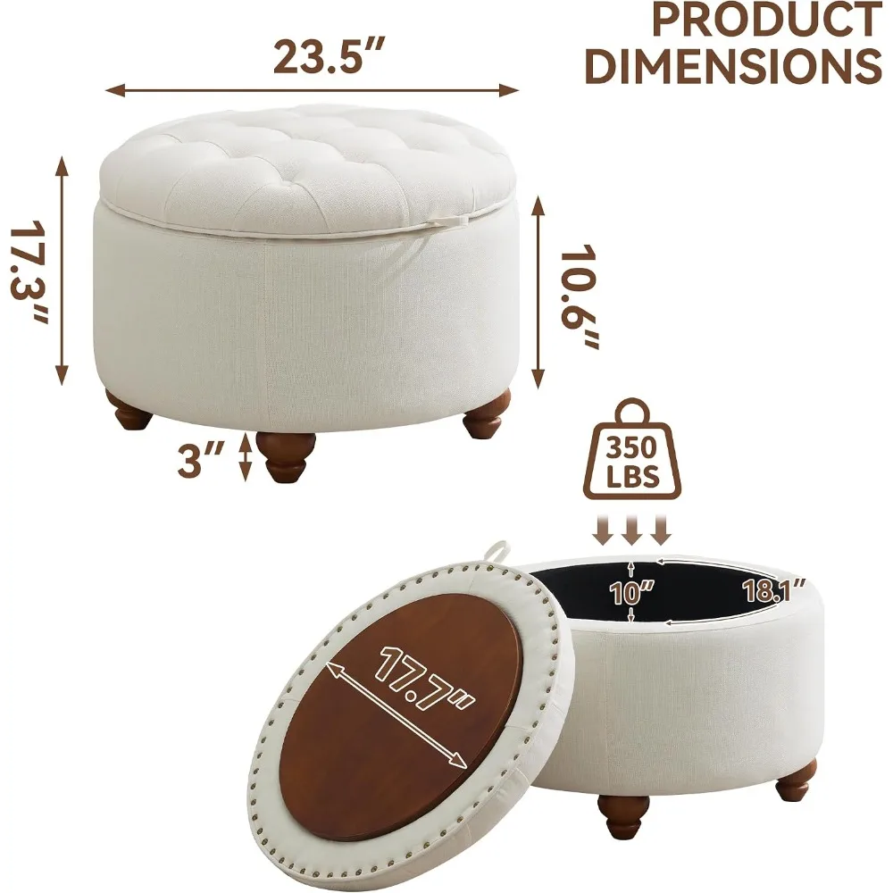 Round Storage Ottoman 24 Inch with Tray Tufted Fabric Coffee Table Removable Top Beige