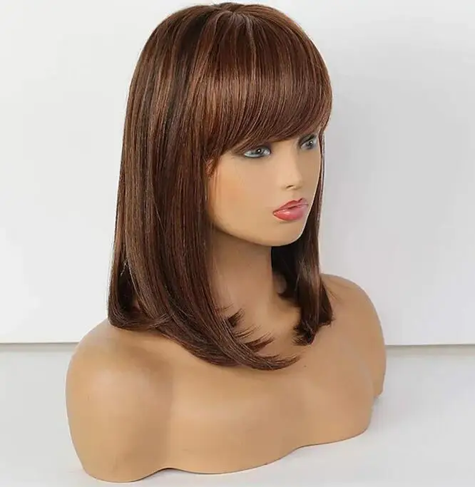 Dark Auburn #33 Synthetic Hair Blend Wig Medium Length Natural Straight With Bangs Brown Women