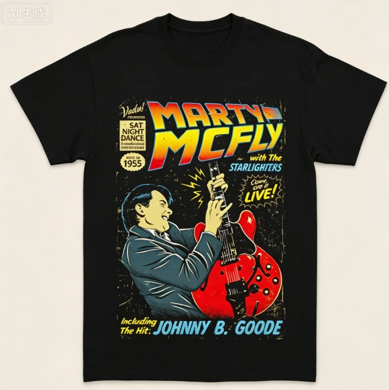 2026 Round-neck with retro rock concert comic pattern guitar musician suitable for both men and women as a short-sleeved top.