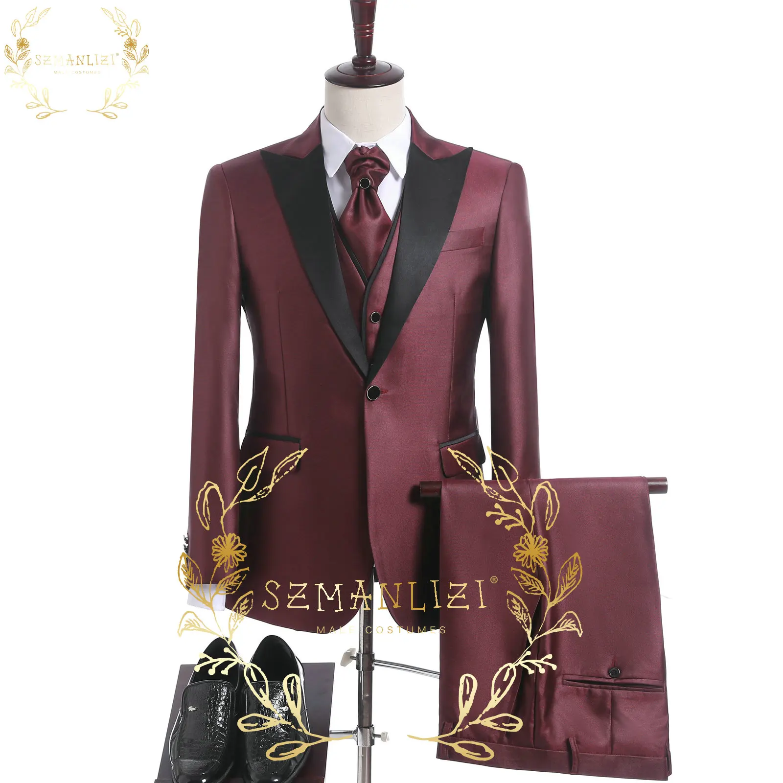 

2023 Shiny Burgundy Men Suit Custom Made Prom Wedding Suits For Men Peaked Lapel Slim Fit Groom Mens Tuxedo Jacket+Vest+Pant+Tie