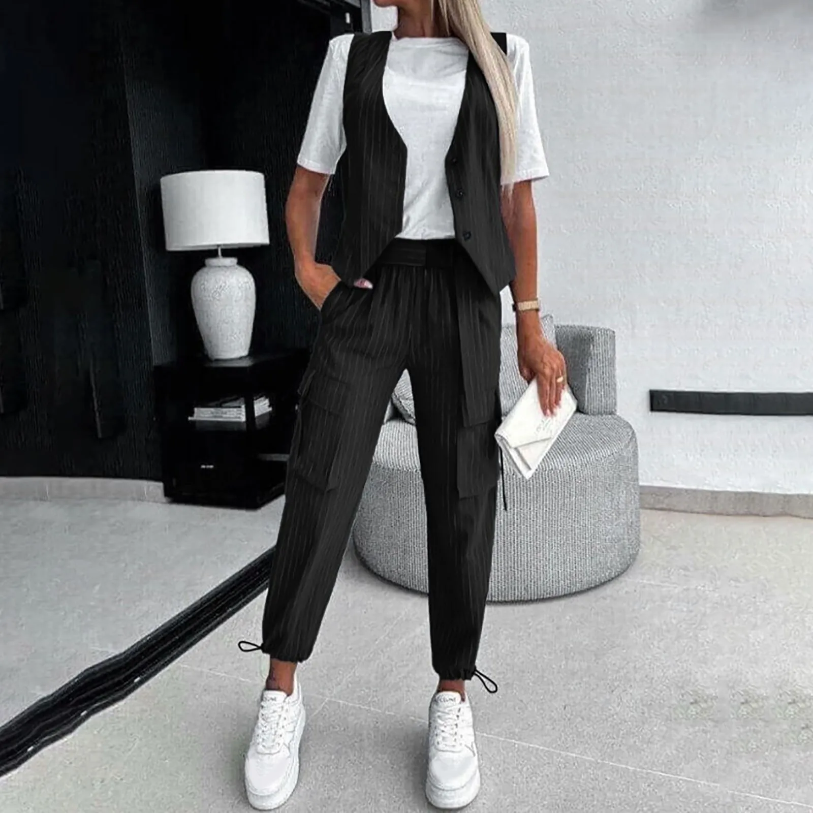 

Женский элегантный однотонный костюм, жилет, кардиган с карманами, топы, брюки с широкими штанинами