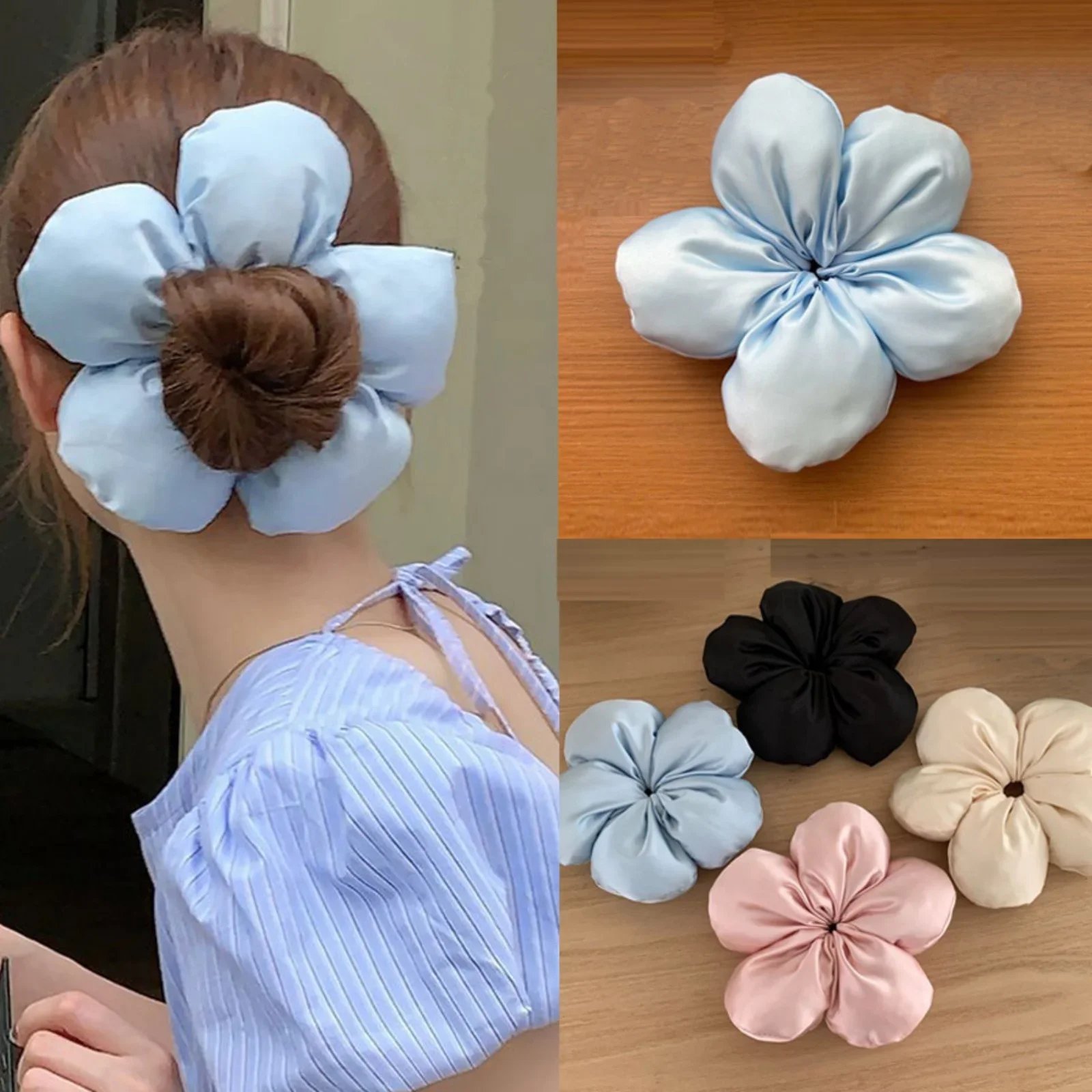 1PC　Grand chouchou pour cheveux en satin à fleurs, attaches pour cheveux chics en forme de fleur, plusieurs couleurs pour des chignons élégants pour femmes