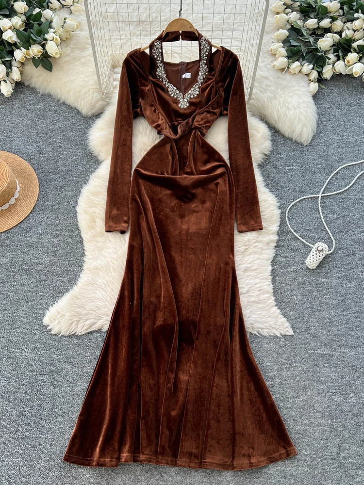 فستان مخملي أنيق بأكمام طويلة للنساء، فستان خريفي وشتوي نحيف بذيل السمكة، مزين بشكل كثيف، خصر مرتفع، أسلوب كوري للعمل