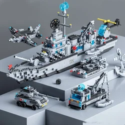 6In1 Navy War Chariot Ship Army Boat Plane Model Warships Building Blocks Construction Set For Boys Bricks Toys Christmas Gifts
