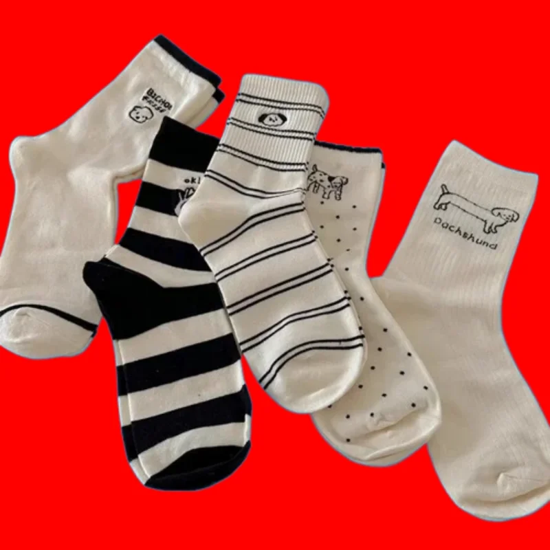 2/5 Pairs Cartoon Puppy Japanese Striped Ins Cute Stacked Trendy Striped Mid-Tube Socks Spring and Summer College Style Socks