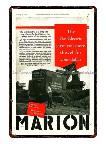 metal wall art decor art 1929 Marion Gas Electric Shovel metal tin sign