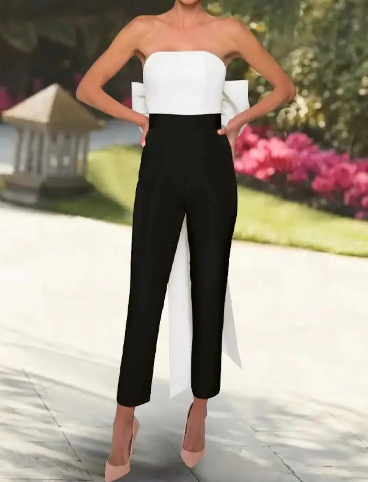 Jumpsuits Women Prom Dresses 2023 Ankle Length Strapless with Bow Evening Party Gowns pant suit Black White Robe De Soiree