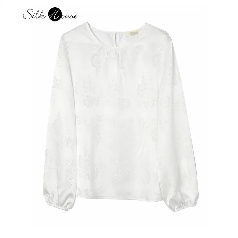 

2024 Women's Fashion New 100% Natural Mulberry Silk HuaLuo White Solid Color Jacquard Round Neck Lantern Long Sleeved T-shirt