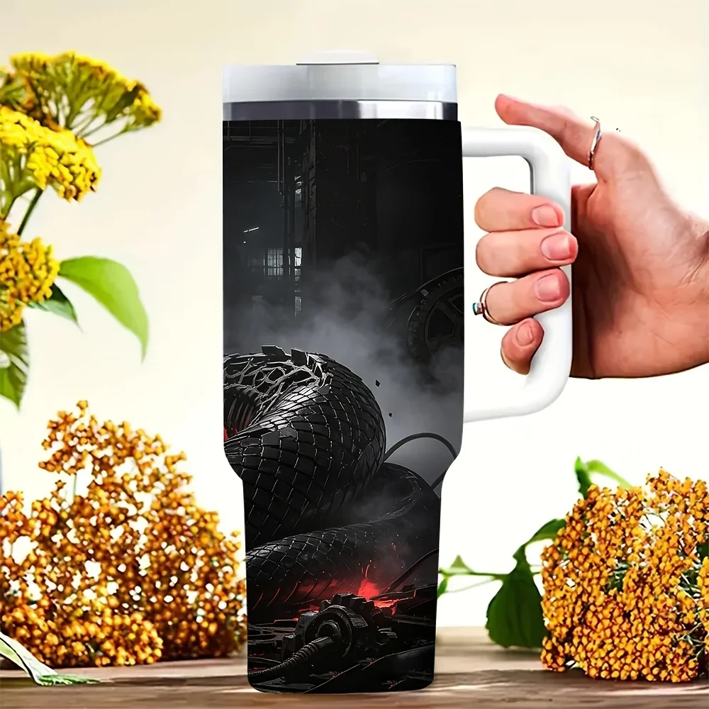 40oz Tumbler with Handle, Features Cool Mechanical Red Eyed Black Snake Print, Suitable for Men And Women, Fits Hot And Cold Drinks, Ideal for Daily Use, Outdoor Travel And Camping Activities.