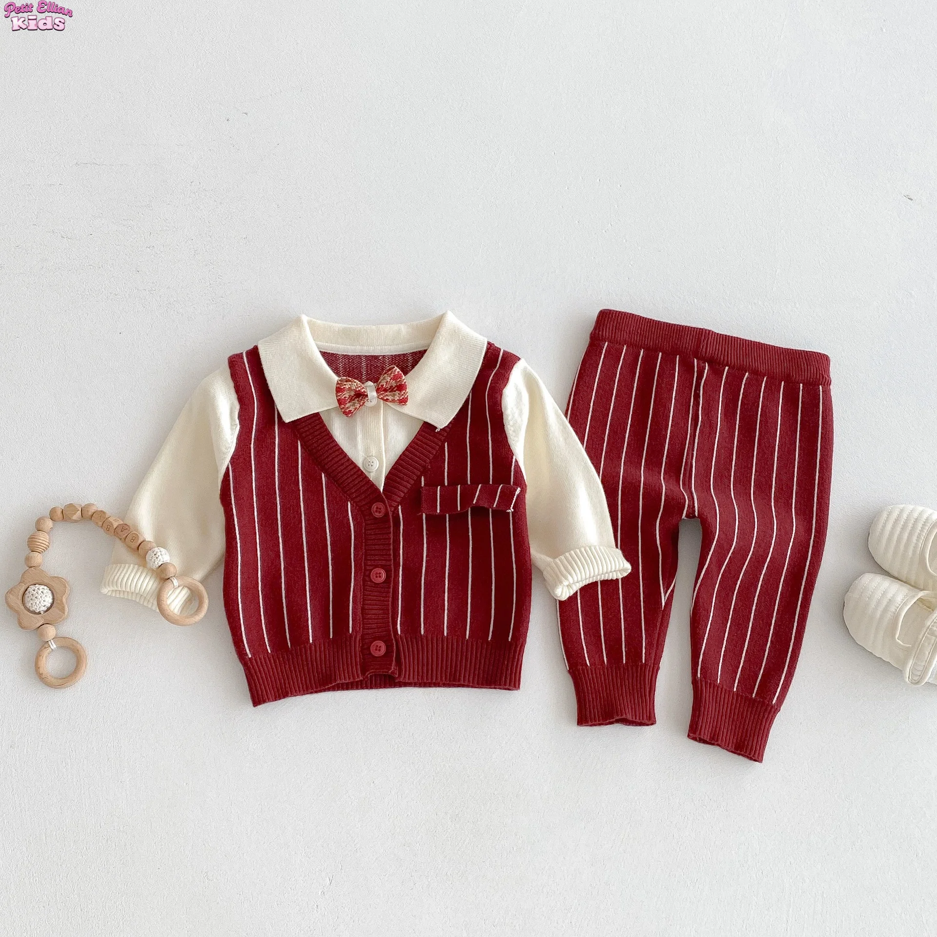 

2025 Baby Clothes Toddler Baby Boy Knit Striped 3Pcs Sets 0-2Y Bow Tie Shirt and Pants Gentleman Casual Formal Infant Outfit