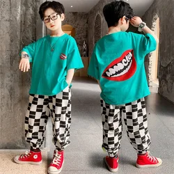 Summer Teenage Boy Girls Clothes Set Children Tshirts and Plaid Pants 2 Pieces Suit Kid Short Sleeve O Neck Top Bottom Tracksuit