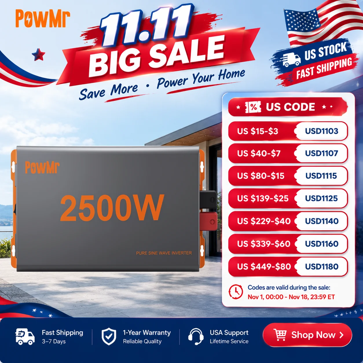PowMr 24V 2.5KW Pure Sine Wave Inverter 24VDC to 110VAC Off Grid Solar Inverter 2500W PV Input 50 60Hz Compact Power Converter for Light Home Use RV Backup Power and Solar Systems