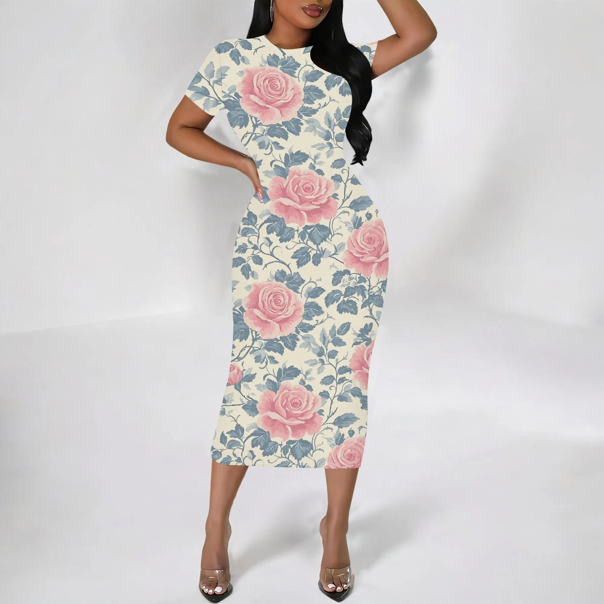 

Vintage Rose Print Bodycon Dress S-3XL Short Sleeve Slim Fit Style for Garden Party, Spring Brunch or Elegant Wedding Guest Look