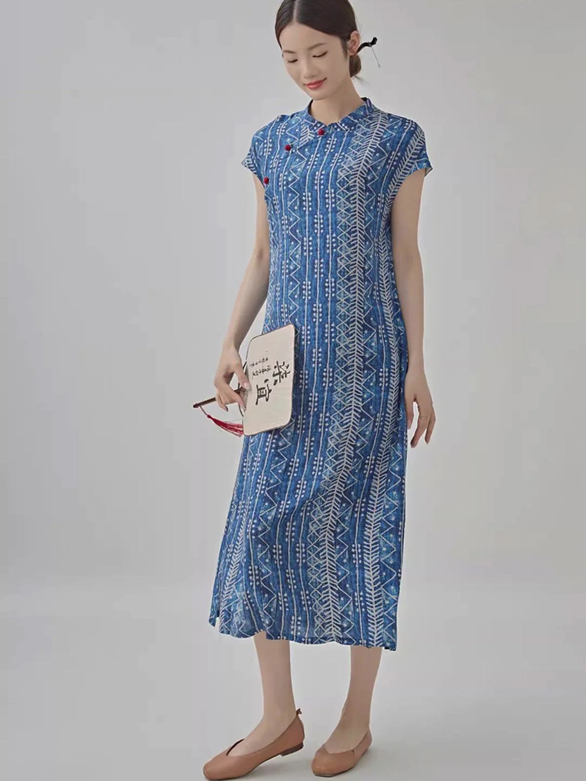 فستان شيونغسام تشيباو الصيني للنساء، فستان ريترو نحيف بإبزيم قرصي وأكمام قصيرة من القطن والكتان مخطط ومطبوع، فساتين طويلة للصيف