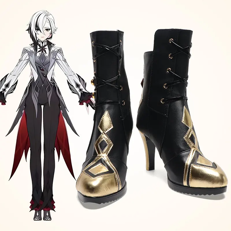 Anime Genshin Impact Arlecchino Cosplay Shoes Black High Heels Short PU Leather Boots For Halloween Carnival