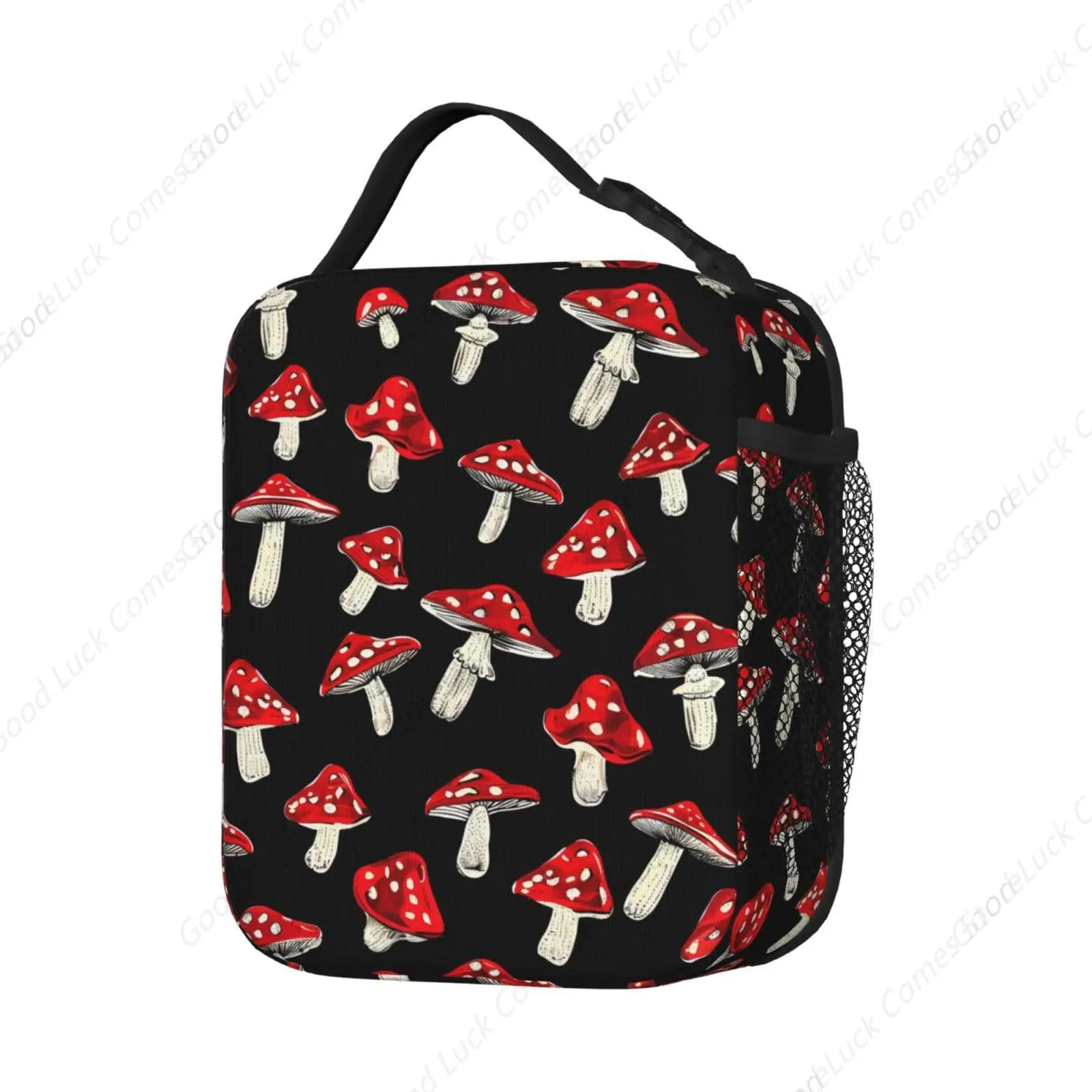 Red Mushroom Black Lunch Box - Insulated Lunch Bags for Boys/Girls/Women/Men Detachable Handle Lunchbox Meal Tote Bag