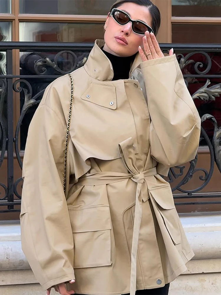 

Women Khaki Casual Overcoats Female Lapel Pocket Double-breasted Long Sleeve Windbreaker 2025 New Fashion Autumn Streetwear