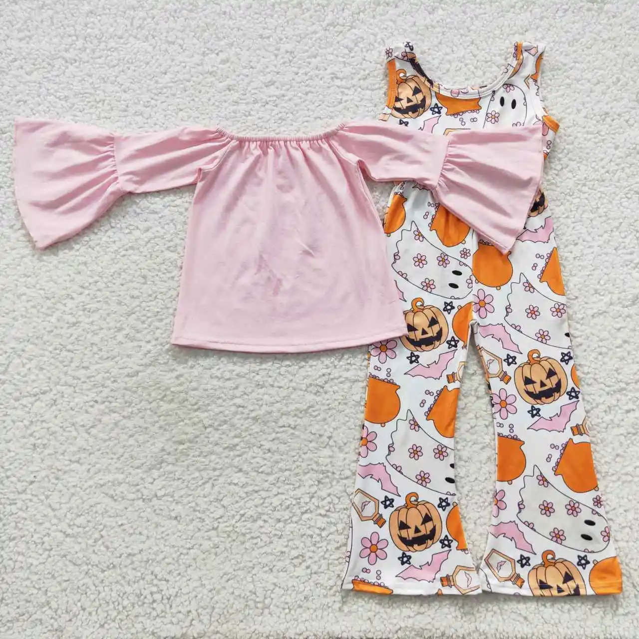 

2​023 New Update RTS Baby Off Shoulder Top Pumpkin Romper Girls Pink Fall Outfits Kids Halloween Overall Set