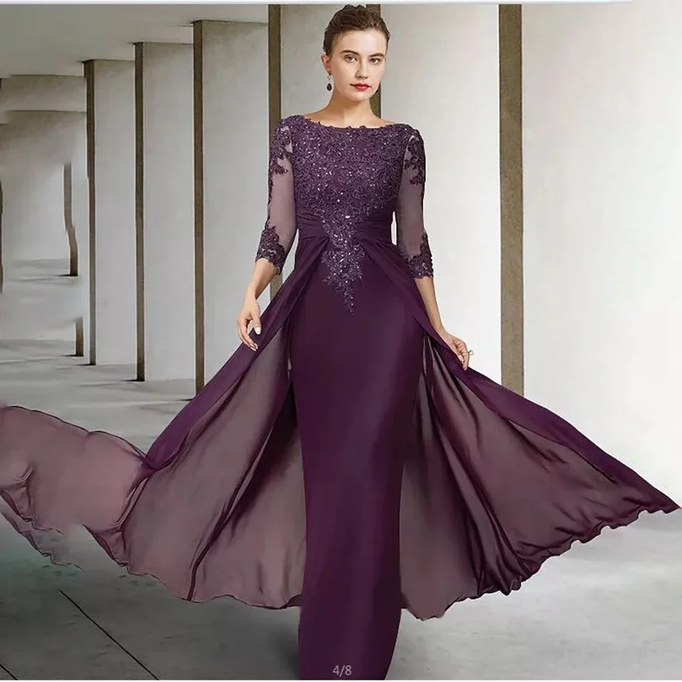 Sukienki dla mamy panny młodej z długim rękawem 2023 Plus Size O Neck ChiffonLace Applique Formal Wedding Party Gown
