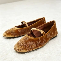 Novelty Velvet Embroidered Floral Design Ballet Flats Women Comfort Round Toe Mary Jane Shoes Lightweight Soft Designer Loafers