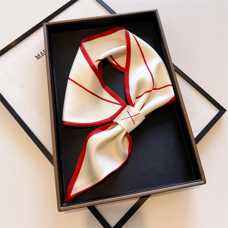 

Fashion No Tie Silk Scarf Satin Pre-tied Neck Scarves Geometric Border Hijab Bandana Office Daily Shirt Hair Accessory for Women