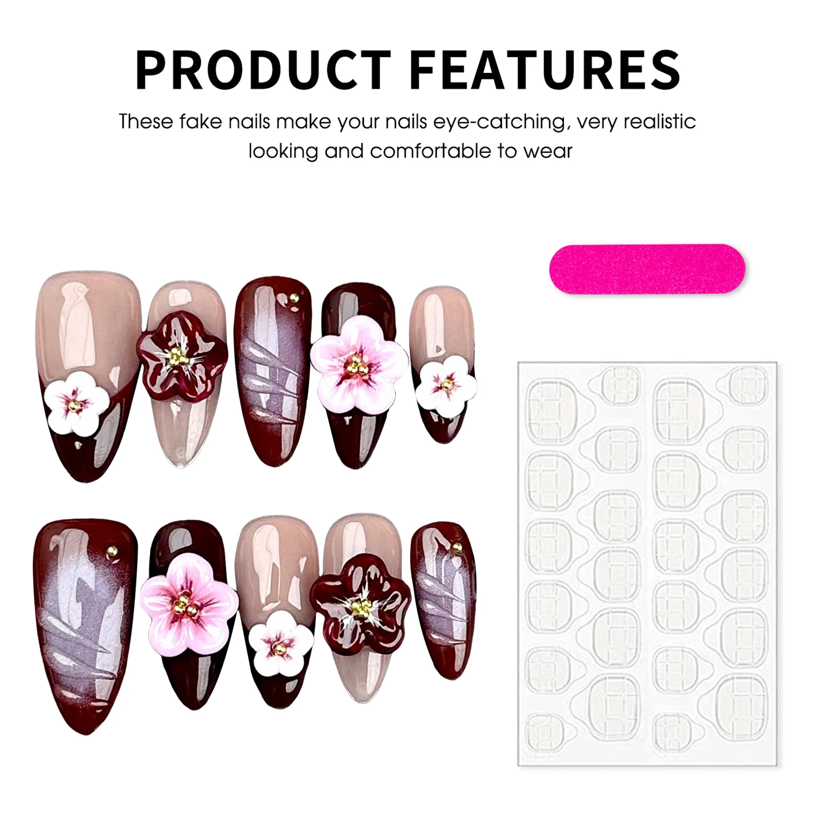 Faux ongles en amande brillant, avec fleur 3D, faits à la main, à pression française, perles dorées, Design vin rouge, à porter, 10 pièces