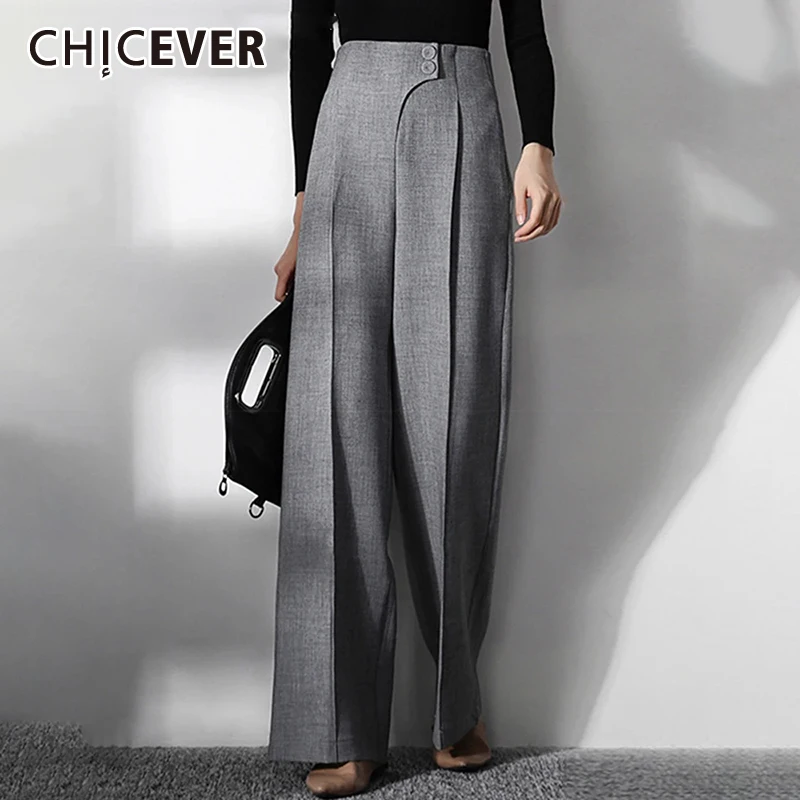 

CHICEVER Solid Spliced Folds Pant For Women High Waist Patchwork Button Minimalist Casual Wide Leg Pants Female Style New style