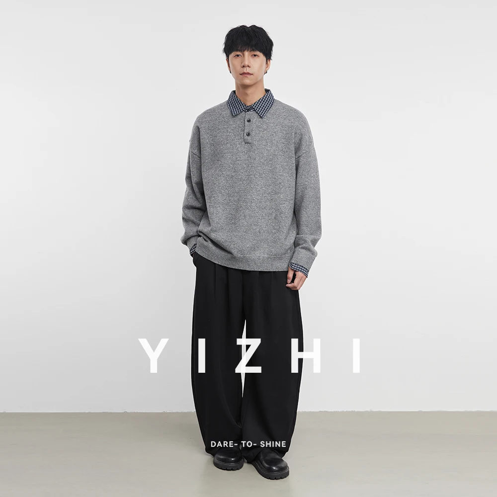 Fashion Men's Casual Polo Collar Sweater 2025 Winter New Contrast Plaid Trim Henley Neck Pullover Soft Long Sleeve Jumper Top