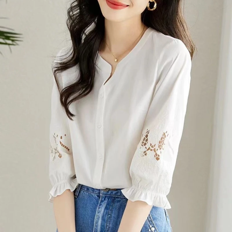 

3/4 Sleeve Hollow Out Loose Elegant Blouse Summer New V Neck Solid Temperament Shirt Tops Fashion High Street Women Clothing