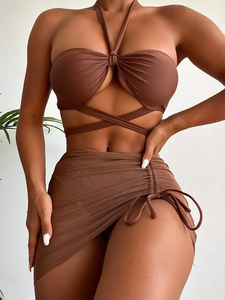 

Sexy 3PCS Mesh Skirt Halter Bikini Female Swimsuit Women Swimwear Three-pieces Bikini set Push Up Bathing Suit Swim Beachwear