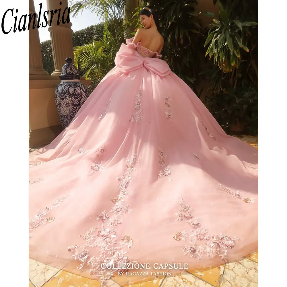 الوردي الديكور اللؤلؤ القوس فساتين Quinceanera الكرة ثوب مطرزة يزين الدانتيل الحلو 15 Años المكسيكي مخصص #2