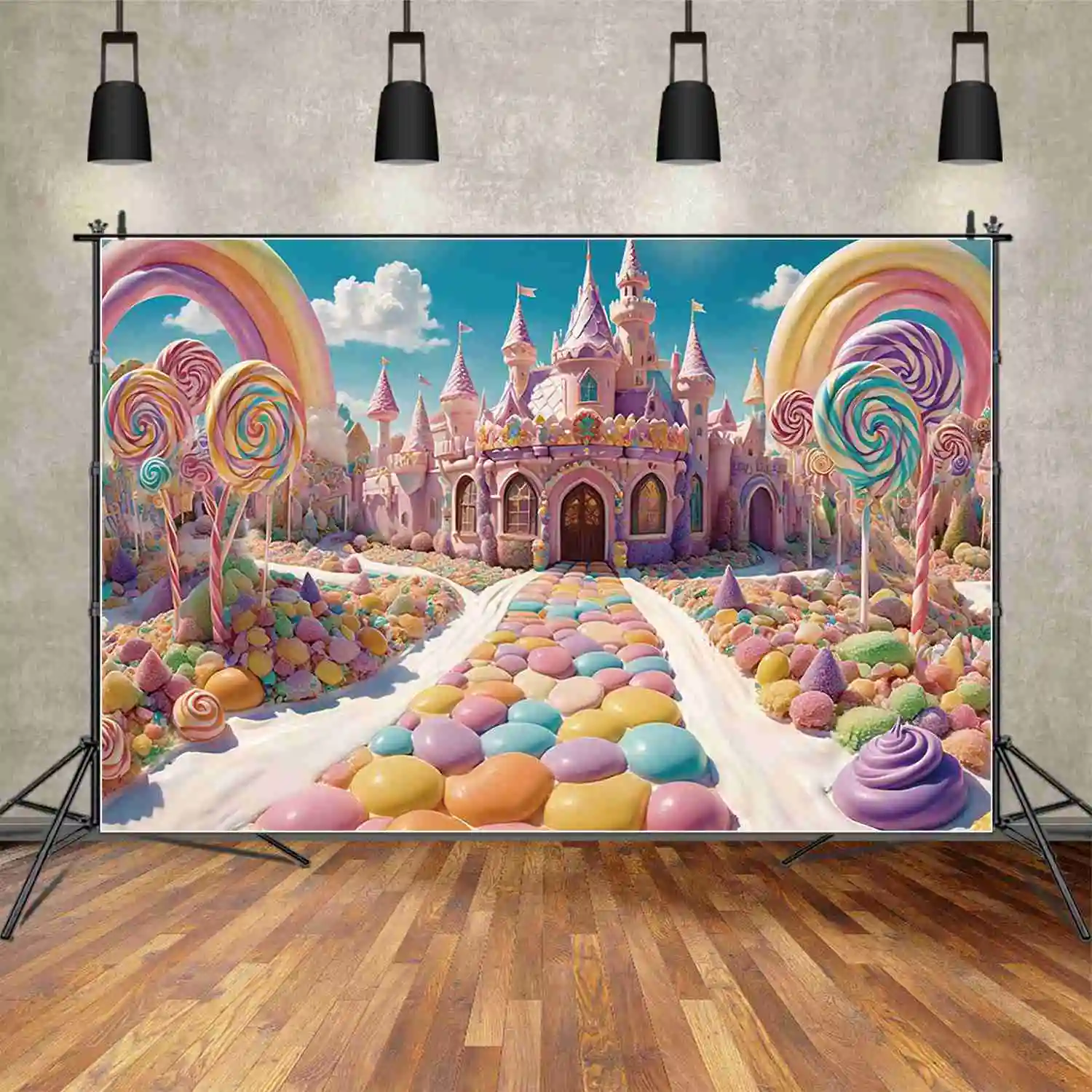 MOON.QG Girls Rainbow Castle Birthday Party Photocall Backdrop Children Candyland Studio Background Customized Photography Props