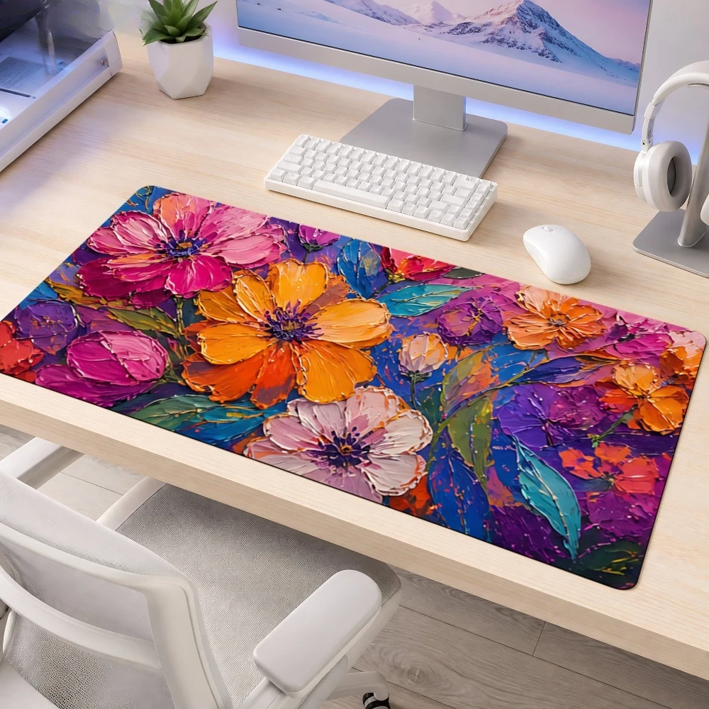 Combinaison de couleurs bleu et violet avec motif floral orange, tapis de souris antidérapant, accessoires de jeu